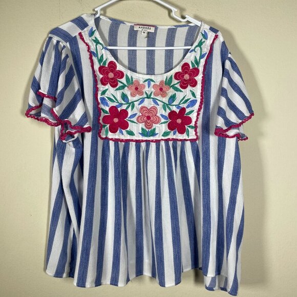 ANDREE BY UNIT Tops - Andree by Units Women's SS Floral Stripe Embroidered Peplum Top 1X!